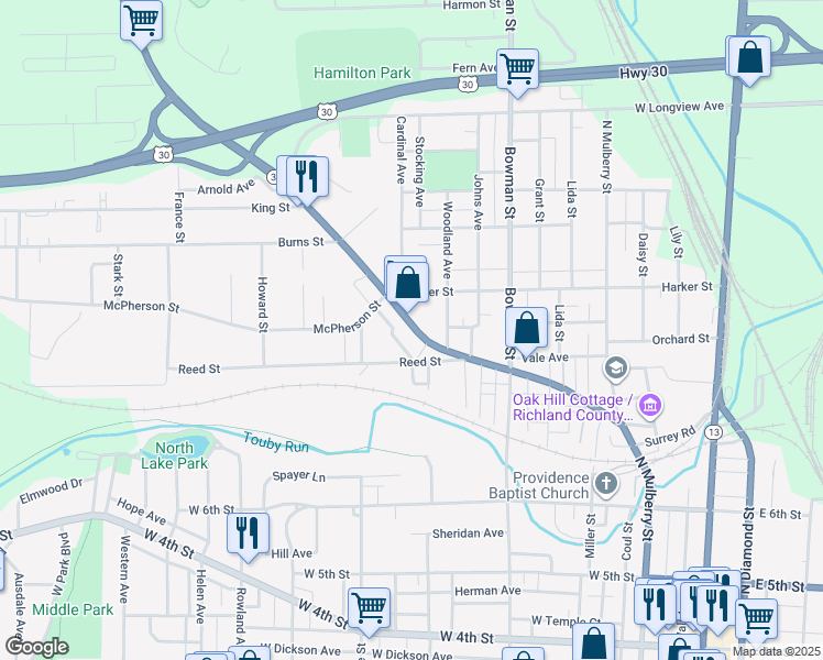 map of restaurants, bars, coffee shops, grocery stores, and more near 589 Springmill Street in Mansfield