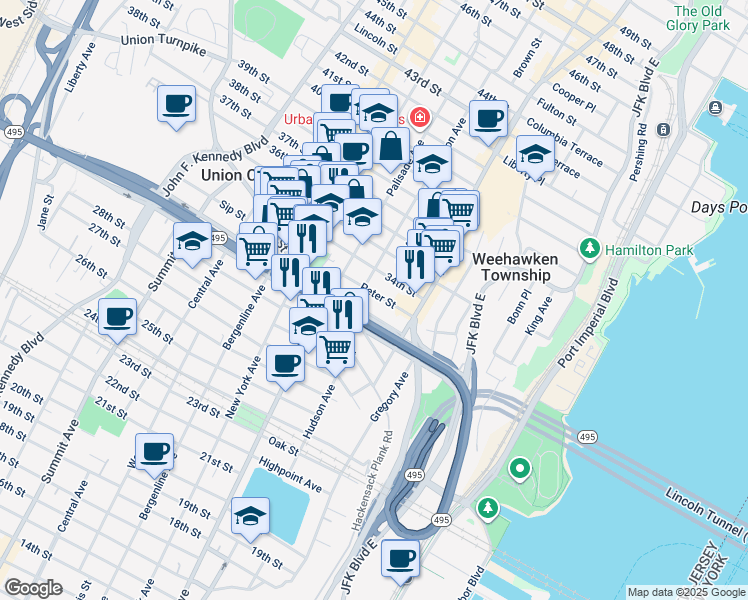 map of restaurants, bars, coffee shops, grocery stores, and more near 3312 Hudson Avenue in Union City