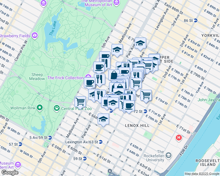 map of restaurants, bars, coffee shops, grocery stores, and more near 735 Park Avenue in New York