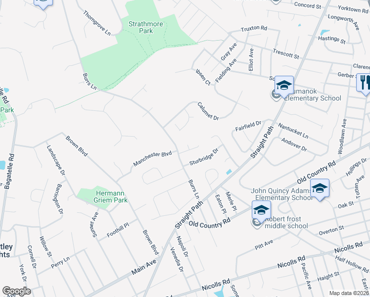 map of restaurants, bars, coffee shops, grocery stores, and more near 6 Middlesex Drive in Dix Hills
