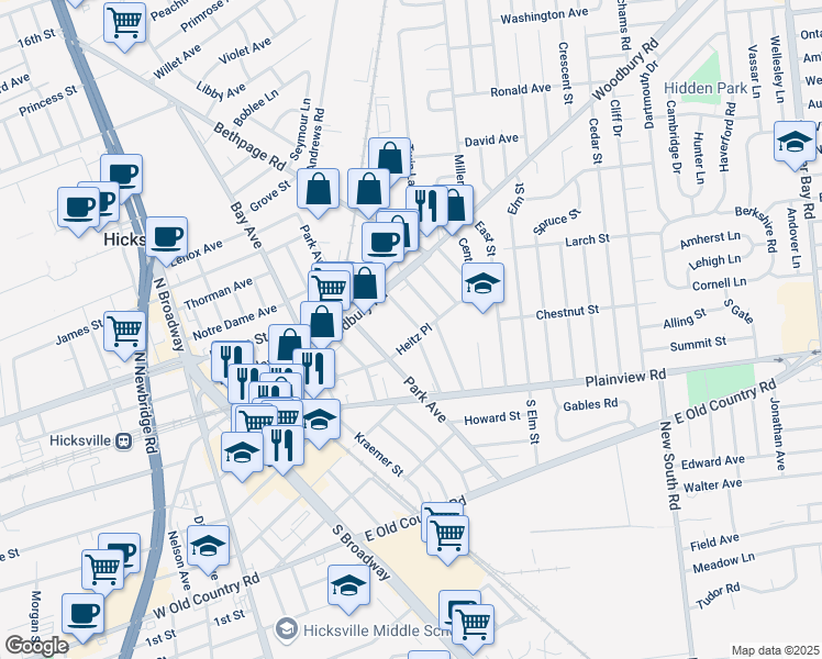 map of restaurants, bars, coffee shops, grocery stores, and more near 149 Park Avenue in Hicksville