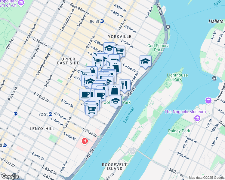 map of restaurants, bars, coffee shops, grocery stores, and more near 505 East 78th Street in New York