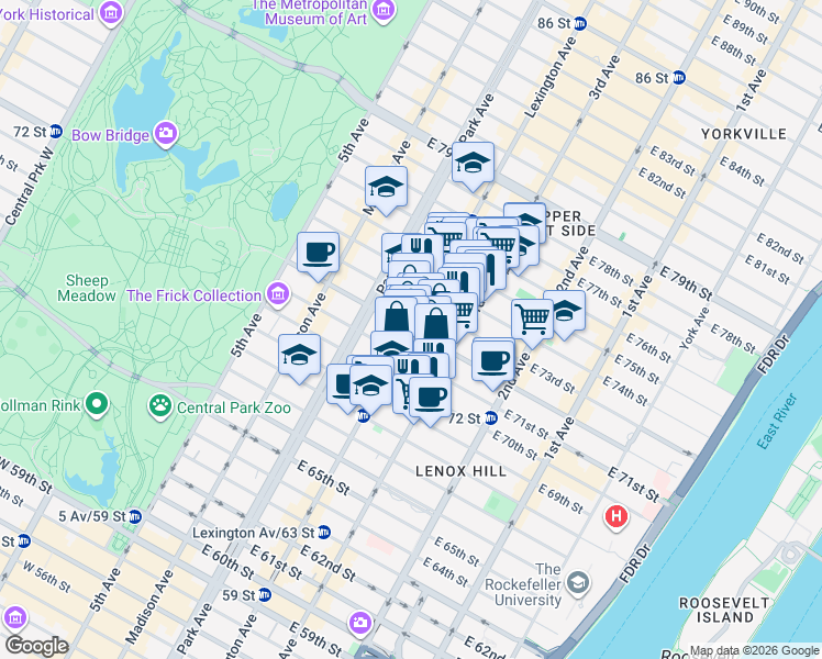 map of restaurants, bars, coffee shops, grocery stores, and more near Lexington Ave & E 72nd St in New York