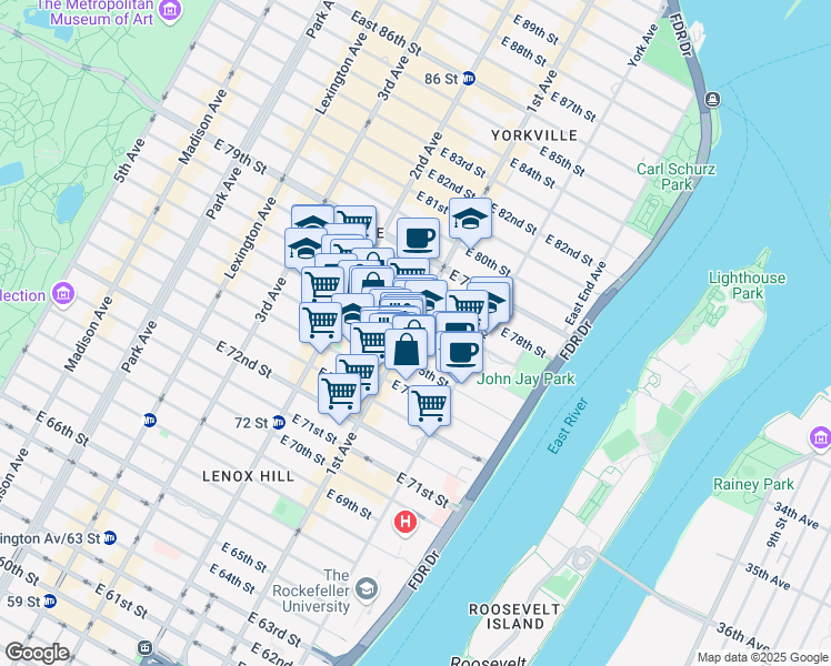 map of restaurants, bars, coffee shops, grocery stores, and more near 1445 1st Avenue in New York