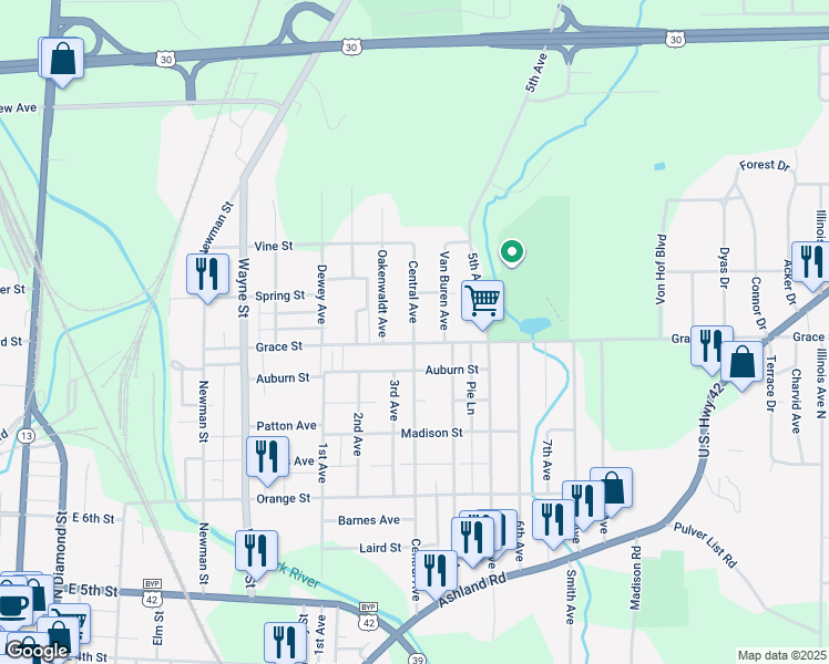 map of restaurants, bars, coffee shops, grocery stores, and more near 457 Central Avenue in Mansfield