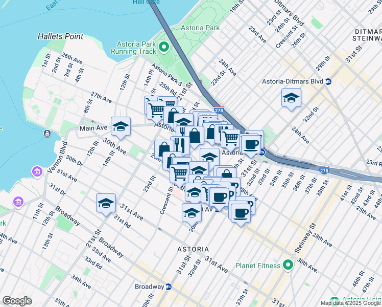 map of restaurants, bars, coffee shops, grocery stores, and more near 2525 Newtown Avenue in Queens