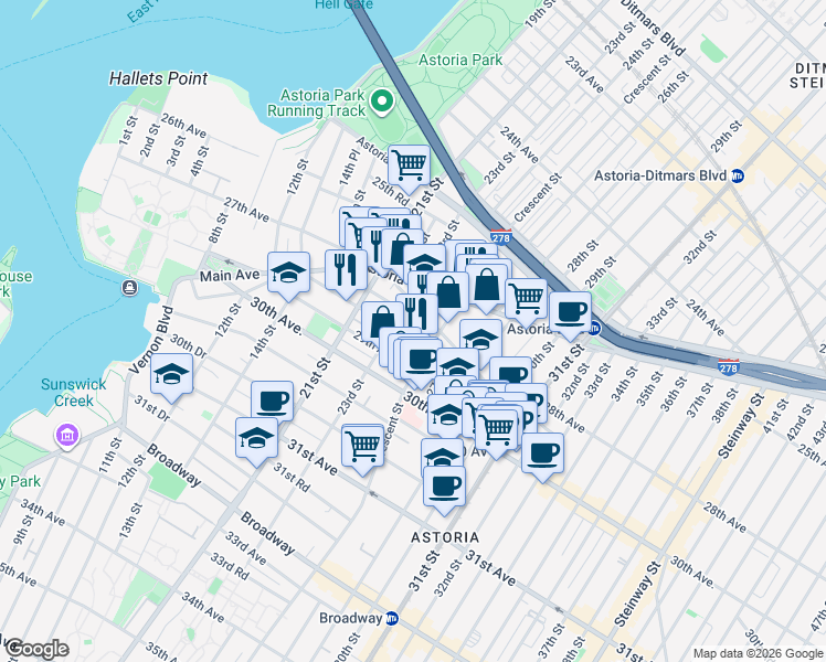 map of restaurants, bars, coffee shops, grocery stores, and more near 28-14 Crescent Street in Queens