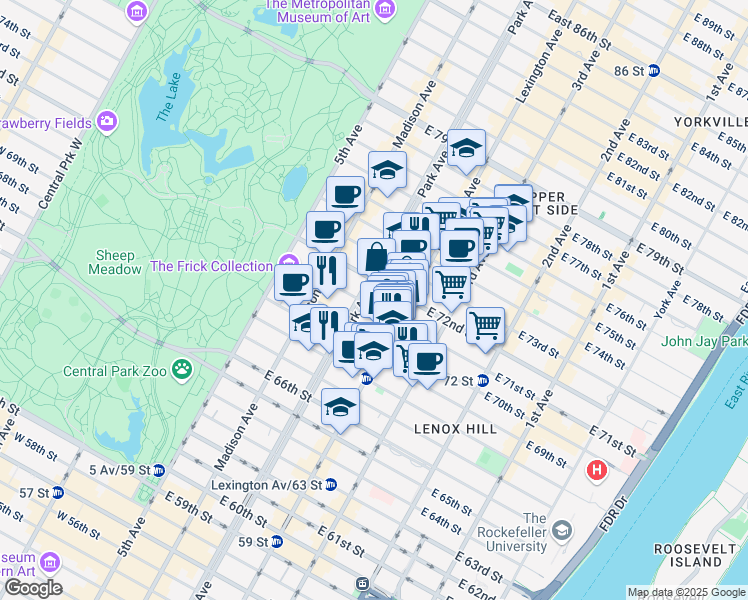 map of restaurants, bars, coffee shops, grocery stores, and more near 120 East 71st Street in New York