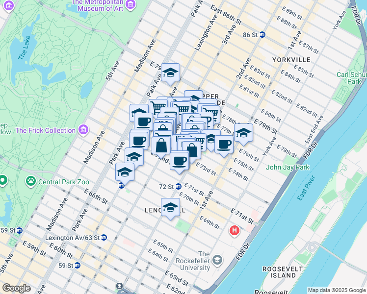 map of restaurants, bars, coffee shops, grocery stores, and more near 226 East 74th Street in New York