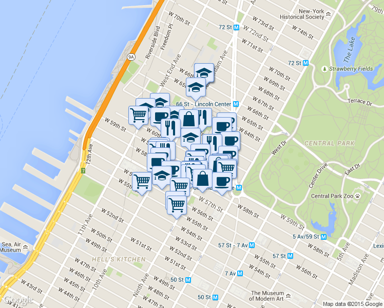 map of restaurants, bars, coffee shops, grocery stores, and more near 426 West 59th Street in New York