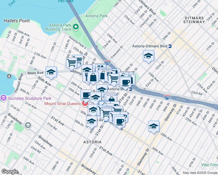 map of restaurants, bars, coffee shops, grocery stores, and more near 26-33 28th Street in Queens