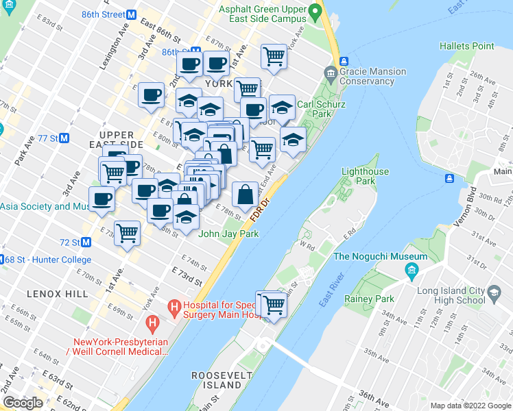 map of restaurants, bars, coffee shops, grocery stores, and more near 601 East 79th Street in New York