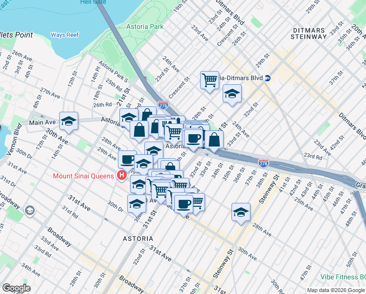 map of restaurants, bars, coffee shops, grocery stores, and more near Astoria Blvd & 29th St in Queens