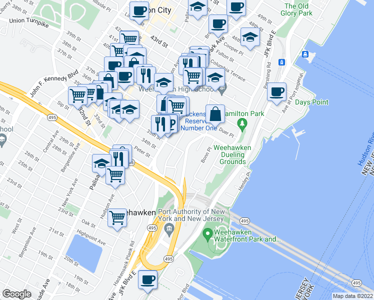 map of restaurants, bars, coffee shops, grocery stores, and more near 713 Boulevard East in Weehawken