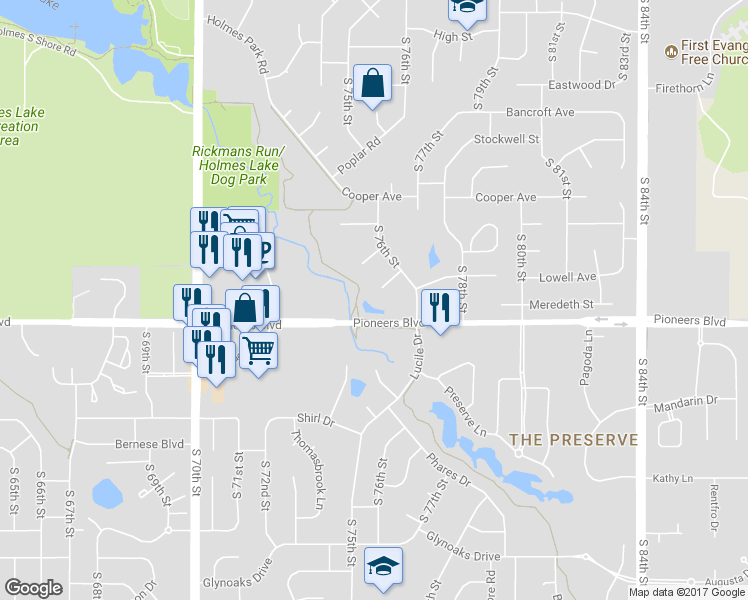 map of restaurants, bars, coffee shops, grocery stores, and more near 7501 Diamond Court in Lincoln