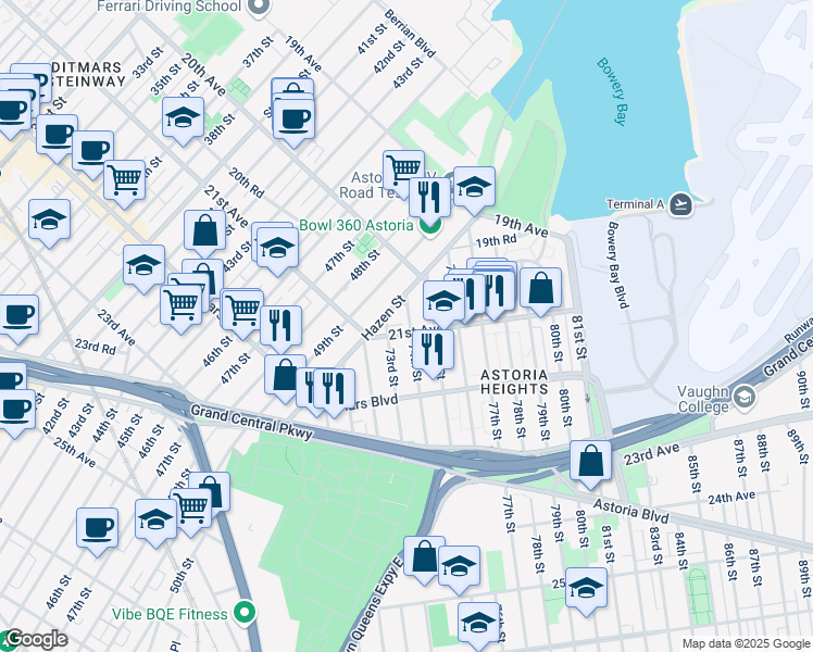 map of restaurants, bars, coffee shops, grocery stores, and more near 73-14 21st Avenue in Queens