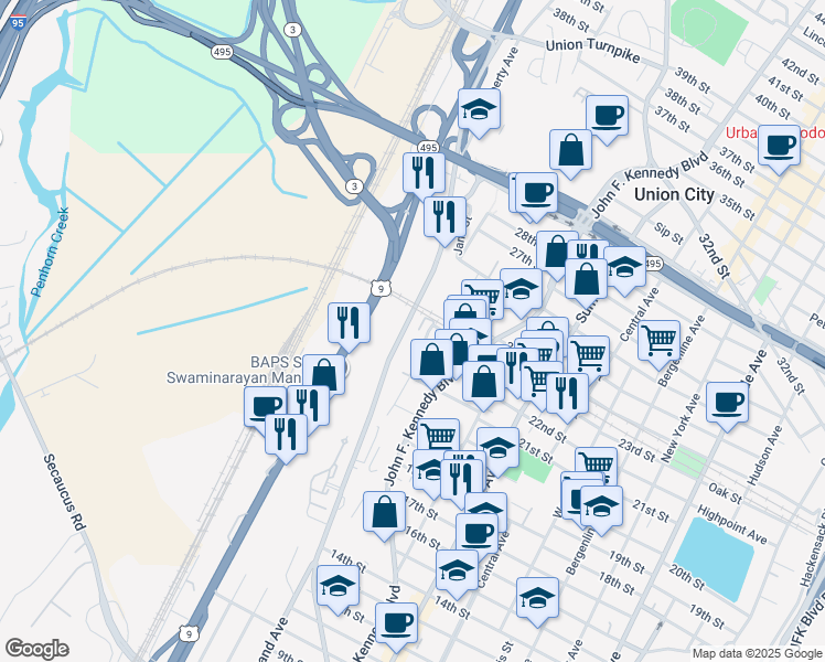 map of restaurants, bars, coffee shops, grocery stores, and more near 2201 Grand Avenue in North Bergen