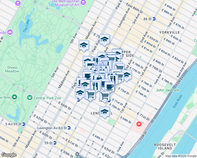 map of restaurants, bars, coffee shops, grocery stores, and more near 182 East 73rd Street in New York