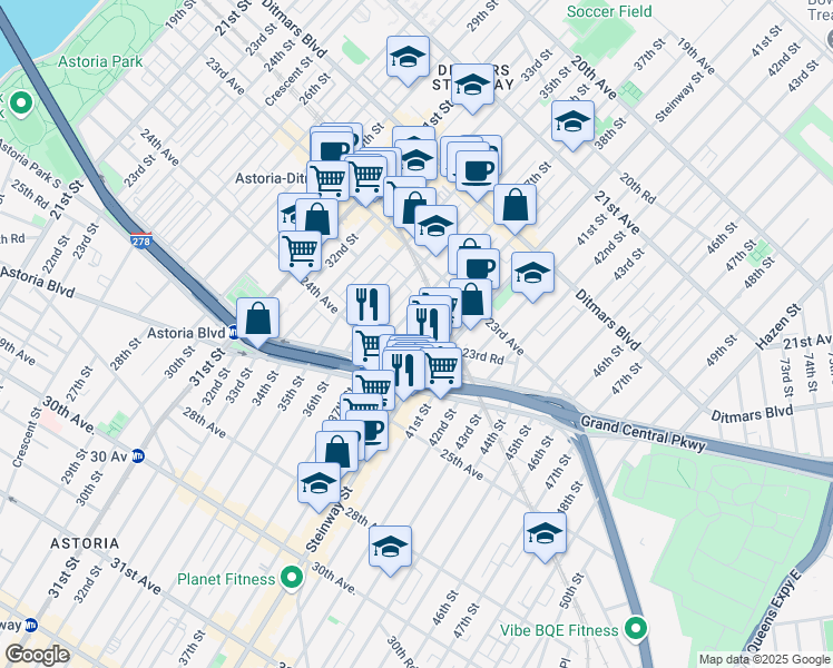 map of restaurants, bars, coffee shops, grocery stores, and more near 23-80 38th Street in Queens