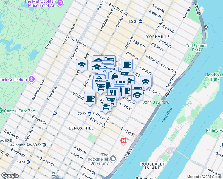map of restaurants, bars, coffee shops, grocery stores, and more near 317 East 75th Street in New York