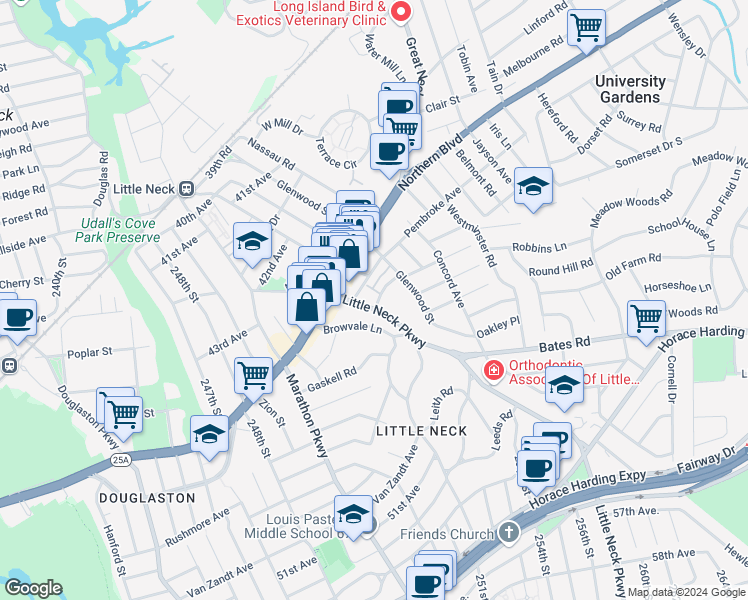 map of restaurants, bars, coffee shops, grocery stores, and more near 46-21 Little Neck Parkway in Queens