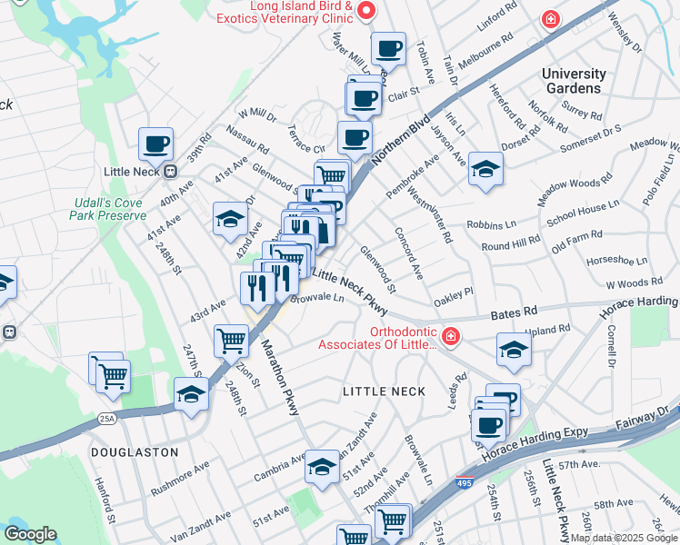 map of restaurants, bars, coffee shops, grocery stores, and more near 46-16 Little Neck Parkway in Queens