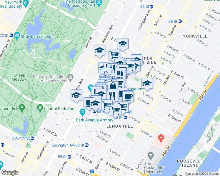 map of restaurants, bars, coffee shops, grocery stores, and more near 149 East 72nd Street in New York