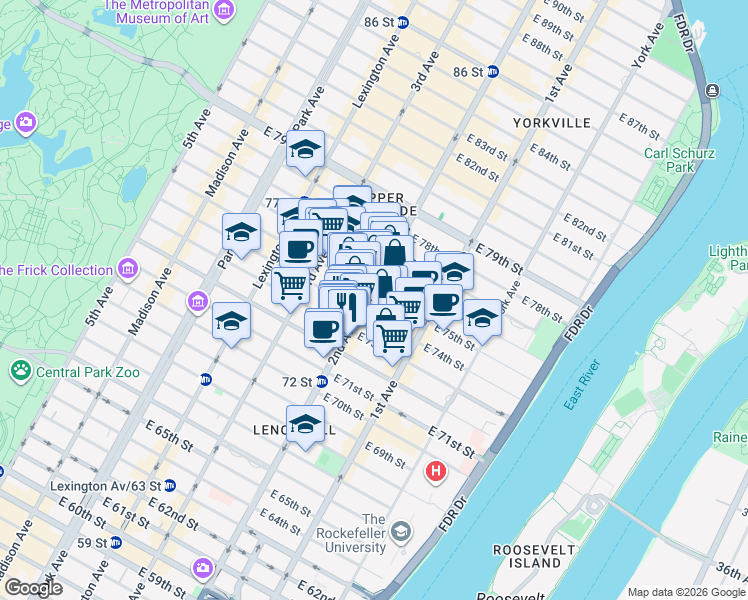 map of restaurants, bars, coffee shops, grocery stores, and more near 342 East 75th Street in New York