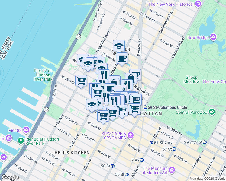 map of restaurants, bars, coffee shops, grocery stores, and more near 426 West 59th Street in New York