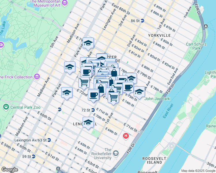 map of restaurants, bars, coffee shops, grocery stores, and more near 302 East 75th Street in New York