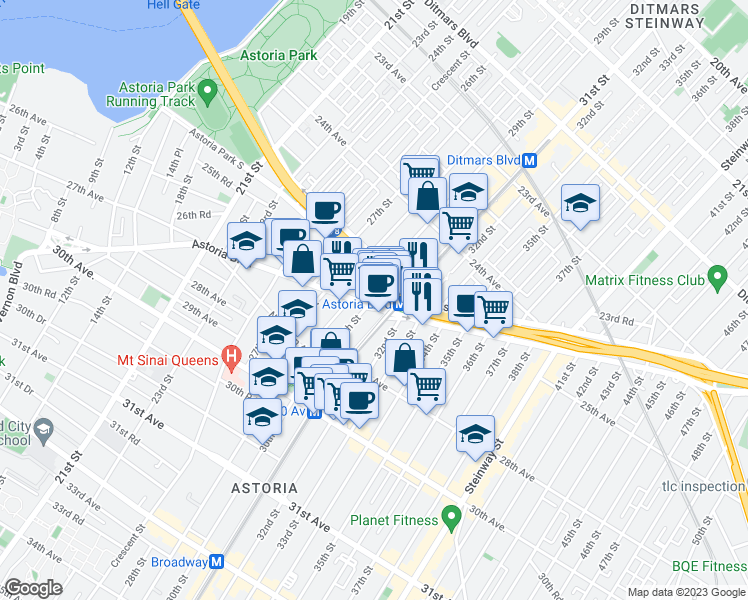 map of restaurants, bars, coffee shops, grocery stores, and more near 30-01 Astoria Boulevard in Queens