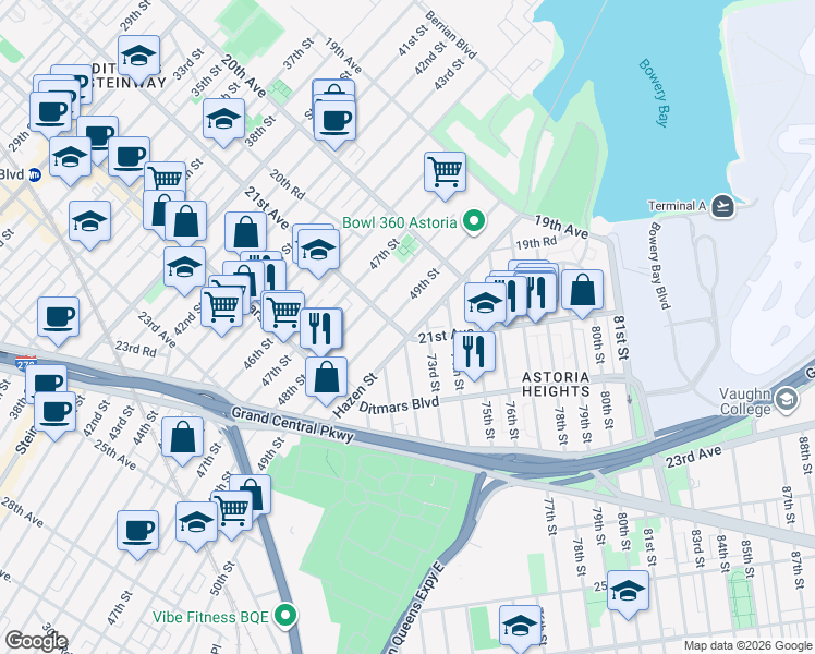 map of restaurants, bars, coffee shops, grocery stores, and more near 49-15 21st Avenue in Queens