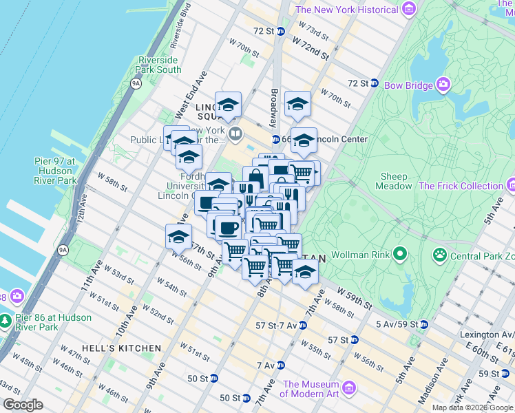 map of restaurants, bars, coffee shops, grocery stores, and more near 24 West 61st Street in New York