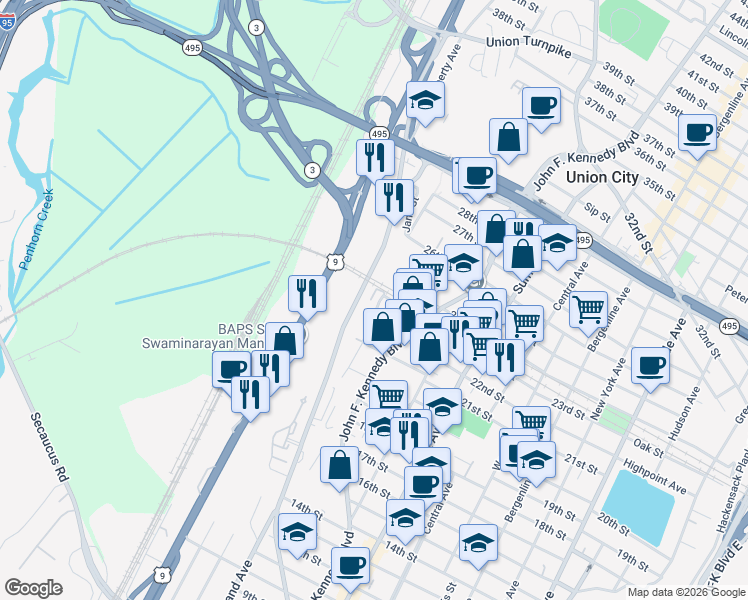 map of restaurants, bars, coffee shops, grocery stores, and more near 2201 Grand Avenue in North Bergen