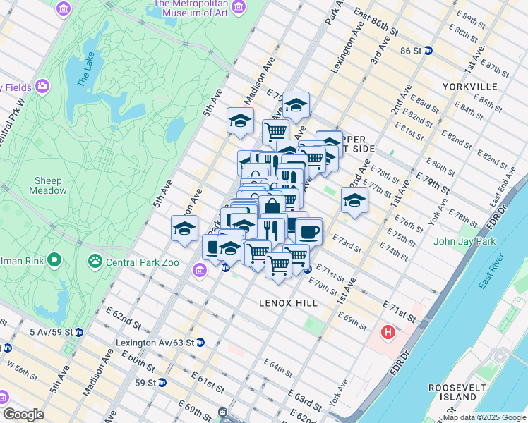 map of restaurants, bars, coffee shops, grocery stores, and more near 147 East 72nd Street in New York