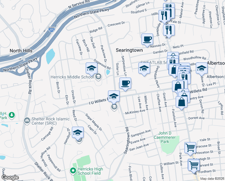 map of restaurants, bars, coffee shops, grocery stores, and more near 27 Sunset Road West in Albertson