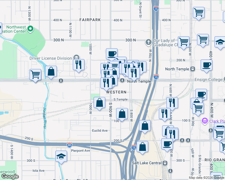 map of restaurants, bars, coffee shops, grocery stores, and more near in Salt Lake City