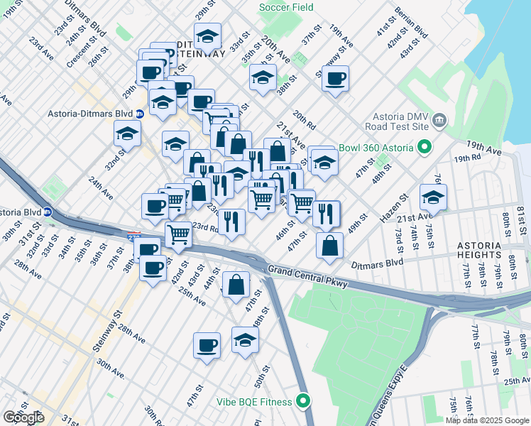 map of restaurants, bars, coffee shops, grocery stores, and more near 22-57 43rd Street in Queens