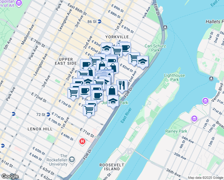 map of restaurants, bars, coffee shops, grocery stores, and more near 511 East 78th Street in New York