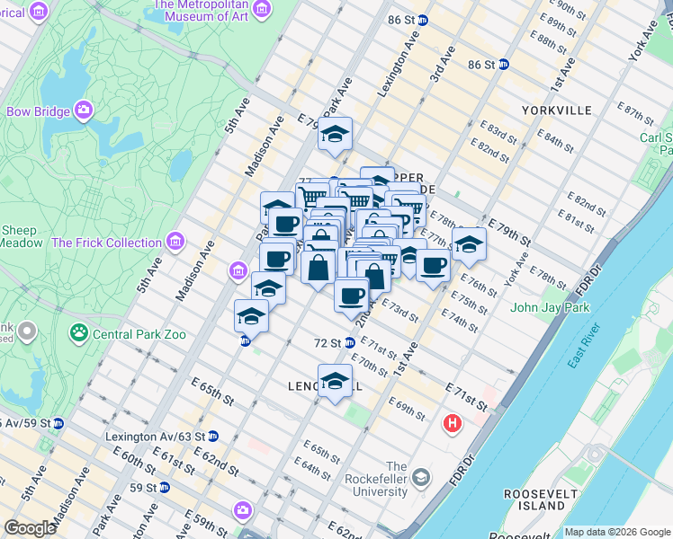 map of restaurants, bars, coffee shops, grocery stores, and more near 215 East 73rd Street in New York
