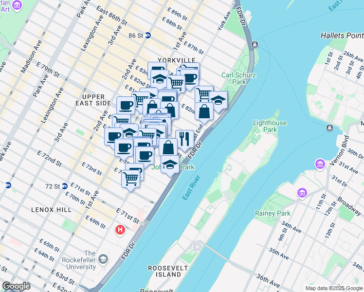 map of restaurants, bars, coffee shops, grocery stores, and more near 555 FDR Drive in New York