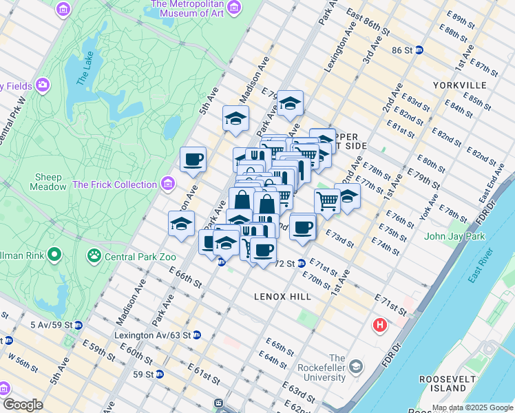 map of restaurants, bars, coffee shops, grocery stores, and more near 145 East 72nd Street in New York