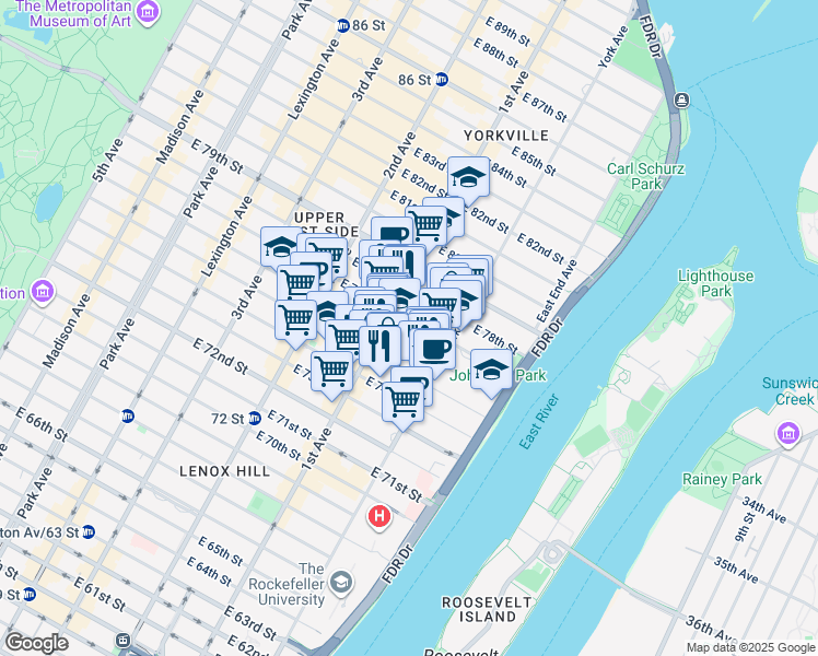 map of restaurants, bars, coffee shops, grocery stores, and more near 414 East 77th Street in New York