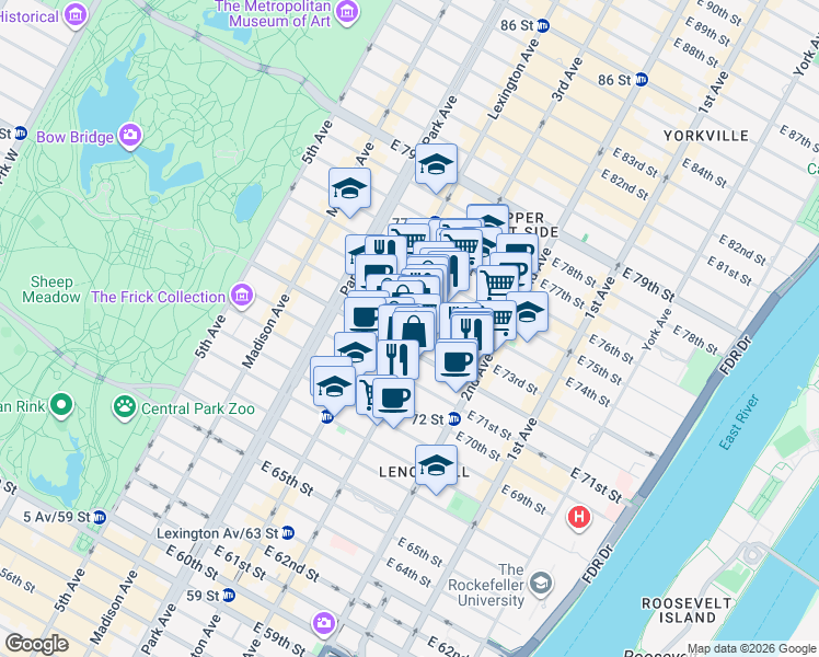 map of restaurants, bars, coffee shops, grocery stores, and more near in New York