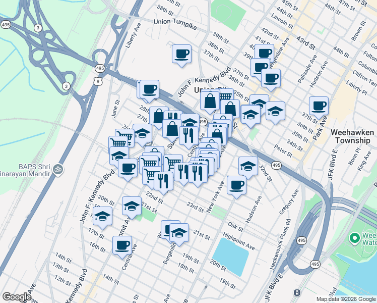 map of restaurants, bars, coffee shops, grocery stores, and more near 711 26th Street in Union City