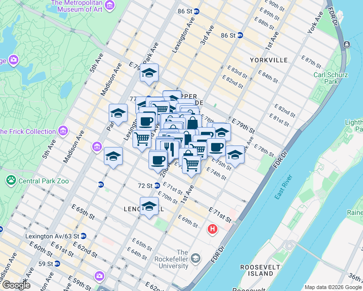 map of restaurants, bars, coffee shops, grocery stores, and more near 324 East 75th Street in New York