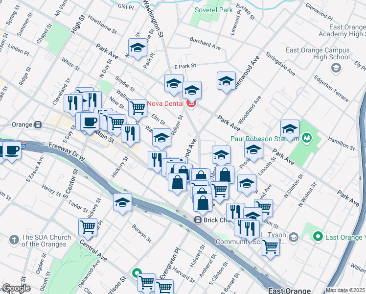 map of restaurants, bars, coffee shops, grocery stores, and more near 7 Glenwood Avenue in City of Orange