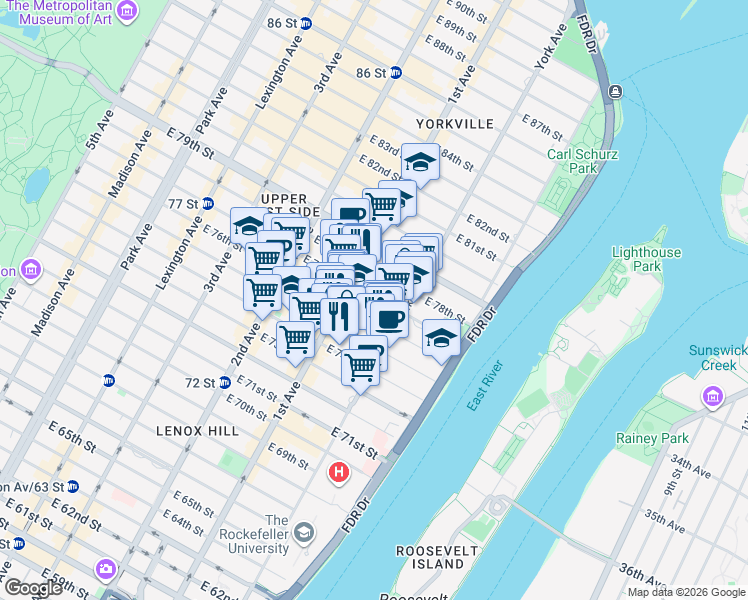map of restaurants, bars, coffee shops, grocery stores, and more near 419 East 76th Street in New York