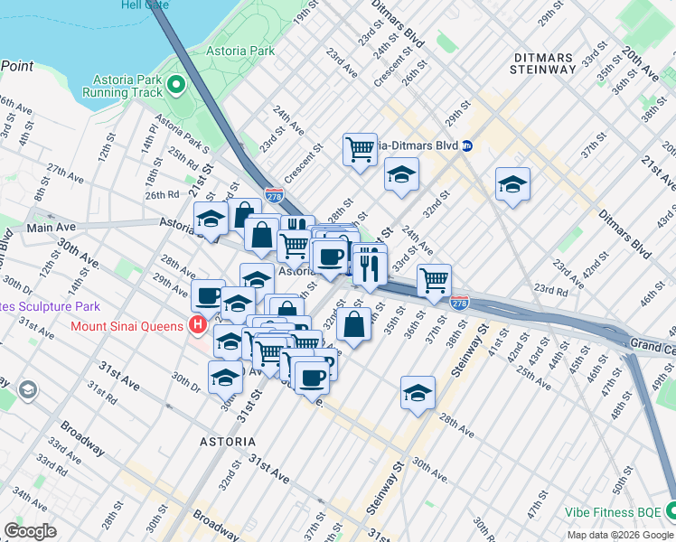 map of restaurants, bars, coffee shops, grocery stores, and more near in Queens