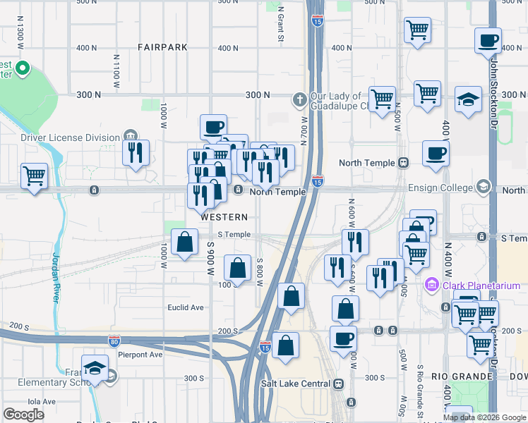 map of restaurants, bars, coffee shops, grocery stores, and more near 22 North 8th West in Salt Lake City